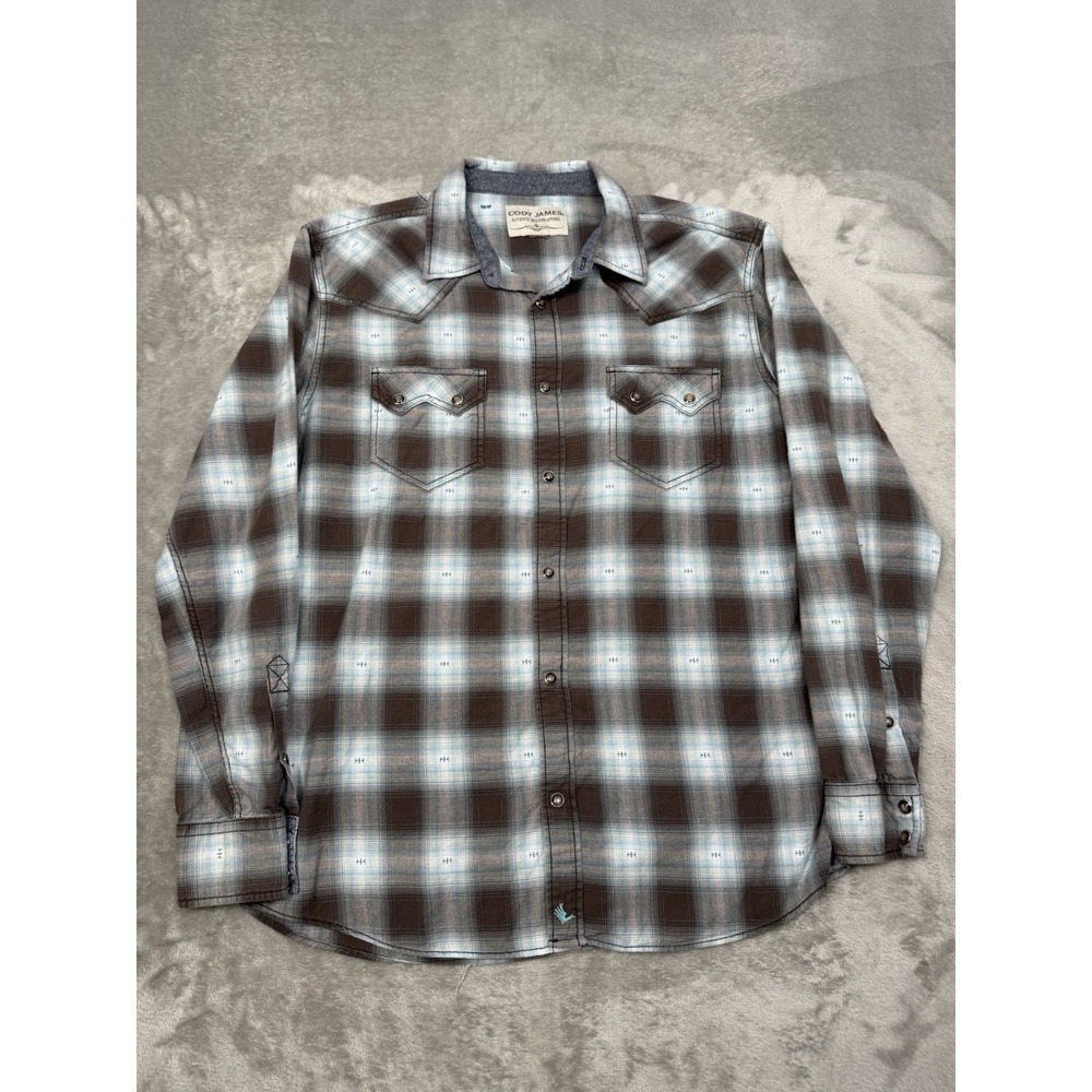 Cody James Pearl Snap Mens Large Blue Plaid Western Shirt Long Cowboy Rodeo Work